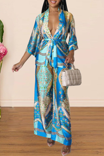 Blue Yellow Casual Elegant Print Bandage Patchwork Three Quarter Two Pieces