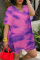 Purple Fashion Patchwork Tie-dye V Neck Short Sleeve Two Pieces