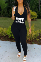 Black Fashion Casual Letter Print Backless Halter Skinny Jumpsuits
