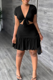 Black Sexy Solid Bandage Patchwork Fold V Neck Short Sleeve Two Pieces