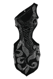 Black Sexy Patchwork Hot Drilling Hollowed Out Backless One Shoulder Irregular Dress Dresses