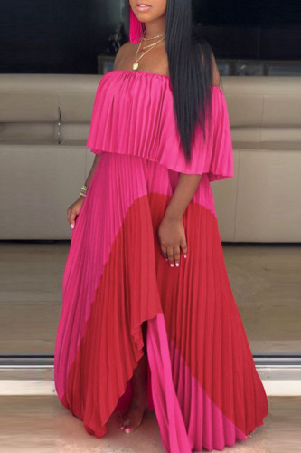 Rose Red Sexy Print Patchwork Fold Asymmetrical Off the Shoulder Straight Dresses