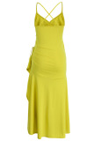 Yellow Sexy Solid Patchwork Flounce Asymmetrical Spaghetti Strap Dresses