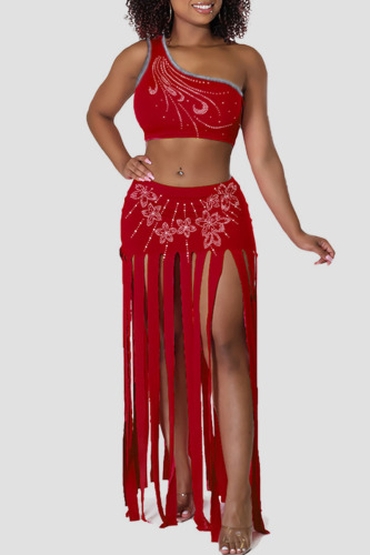 Red Sexy Solid Tassel Patchwork Hot Drill Oblique Collar Two Pieces
