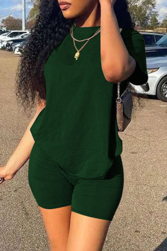 Army Green Fashion Casual Solid Patchwork Basic O Neck Short Sleeve Two Pieces