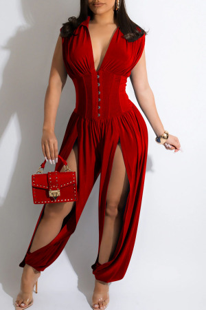 Red Sexy Solid Hollowed Out Patchwork V Neck Regular Jumpsuits