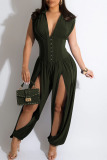 Army Green Sexy Solid Hollowed Out Patchwork V Neck Regular Jumpsuits