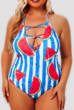 Blue Fashion Sexy Print Bandage Hollowed Out Backless Halter Plus Size Swimwear (With Paddings)