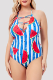 Blue Fashion Sexy Print Bandage Hollowed Out Backless Halter Plus Size Swimwear (With Paddings)