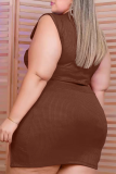 Brownness Sexy Solid Draw String V Neck Plus Size Two Pieces