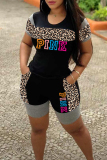Black Fashion Casual Letter Print Leopard Patchwork O Neck Short Sleeve Two Pieces