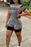 Blue Fashion Casual Letter Print Leopard Patchwork O Neck Short Sleeve Two Pieces
