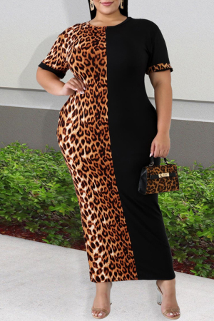 Leopard Print Fashion Casual Plus Size Print Leopard Patchwork O Neck Short Sleeve Dress