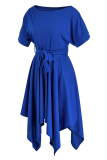 Blue Fashion Casual Solid Patchwork Asymmetrical O Neck Short Sleeve Dress