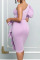Light Purple Celebrities Solid Patchwork Flounce Oblique Collar Dresses