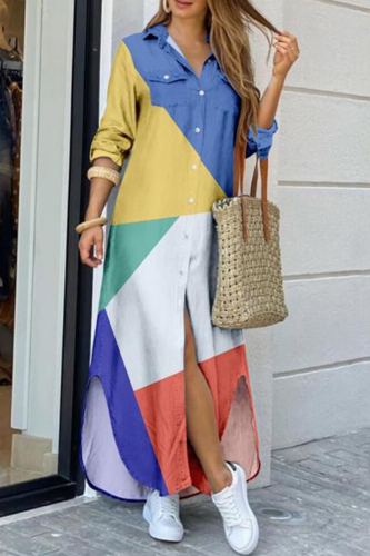 Blue Fashion Casual Print Slit Turndown Collar Shirt Dress
