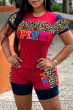 Yellow Fashion Casual Letter Print Leopard Patchwork O Neck Short Sleeve Two Pieces