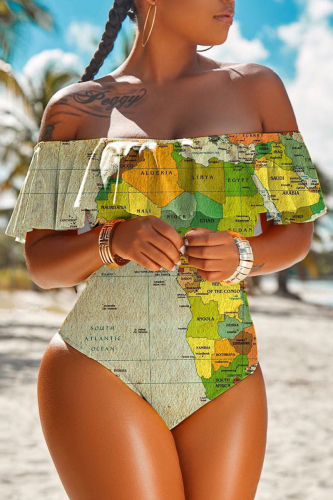 Green Fashion Casual Print Patchwork Backless Swimwears (Without Paddings)