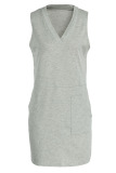 Grey Casual Solid Patchwork V Neck Straight Dresses
