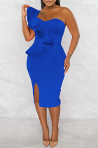 Blue Fashion Sexy Solid Patchwork Backless Slit One Shoulder Sleeveless Dress
