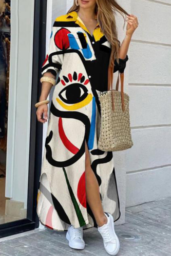 Cream White Fashion Casual Print Slit Turndown Collar Shirt Dress