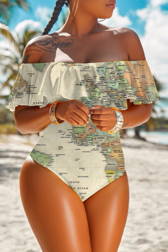 Apricot Fashion Casual Print Patchwork Backless Swimwears (Without Paddings)
