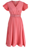 Pink Casual Solid Patchwork Fold V Neck Straight Dresses