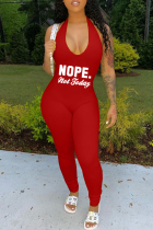 Red Fashion Casual Letter Print Backless Halter Skinny Jumpsuits