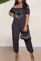 Black Fashion Casual Print Backless Off the Shoulder Regular Jumpsuits