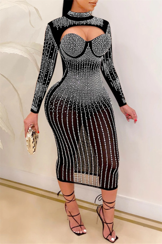 Black Fashion Sexy Patchwork Hot Drilling Hollowed Out See-through Half A Turtleneck Long Sleeve Dresses