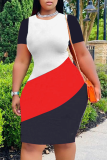 Red Fashion Striped Patchwork O Neck Plus Size Dresses