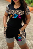 Yellow Fashion Casual Letter Print Leopard Patchwork O Neck Short Sleeve Two Pieces