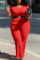 Red Casual Solid Patchwork O Neck Plus Size Two Pieces(Without Belt)