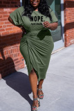 Army Green Casual Print Patchwork Fold Asymmetrical O Neck One Step Skirt Plus Size Dresses