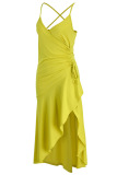 Yellow Sexy Solid Patchwork Flounce Asymmetrical Spaghetti Strap Dresses