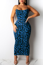 Blue Sexy Print Leopard Patchwork Spaghetti Strap One Step Skirt Dresses(Without Belt)