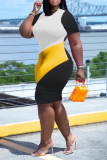 Yellow Fashion Striped Patchwork O Neck Plus Size Dresses