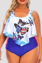 White Fashion Sexy Butterfly Print Backless Asymmetrical O Neck Plus Size Swimwear (With Paddings)
