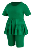 Green Fashion Casual Solid Patchwork O Neck Plus Size Two Pieces
