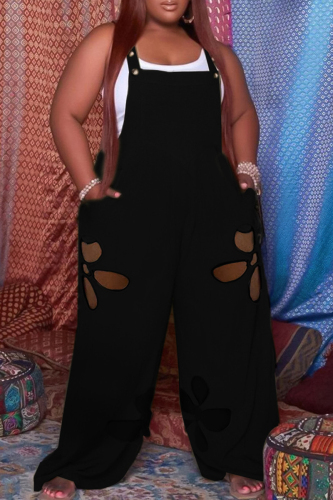 Black Fashion Casual Solid Hollowed Out Spaghetti Strap Plus Size Jumpsuits (Without Tops)