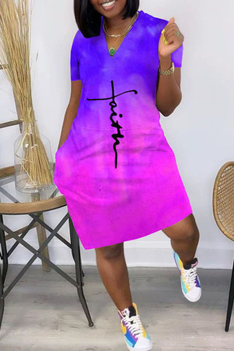 Purple Casual Print Patchwork V Neck Straight Dresses