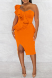 Orange Fashion Sexy Solid Patchwork Backless Slit One Shoulder Sleeveless Dress