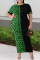Green Fashion Casual Plus Size Print Leopard Patchwork O Neck Short Sleeve Dress