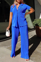 Blue Casual Solid Patchwork Turndown Collar Short Sleeve Two Pieces