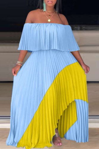 Sky Blue Sexy Print Patchwork Fold Asymmetrical Off the Shoulder Straight Dresses