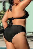 Black Fashion Sexy Solid Bandage Backless Halter Plus Size Swimwear (With Paddings)