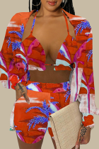 Red Casual Print Patchwork Halter Long Sleeve Three Pieces
