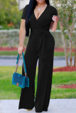 Lake Blue Fashion Solid Patchwork V Neck Straight Jumpsuits