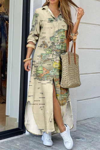 Light Khaki Casual Print Patchwork Buckle Turndown Collar Shirt Dress Dresses