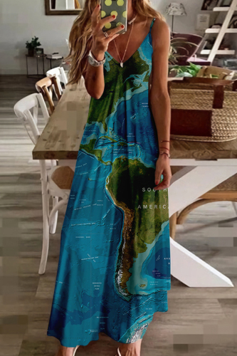Navy Fashion Sexy Print Backless V Neck Sling Dress